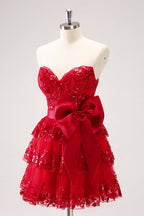 Vestido de fiesta de corte A, escote corazón, tul, lentejuelas, corsé corto escalonado con lazo