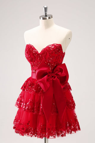 A-Line Sweetheart Tulle Sequins Tiered Short Corset Homecoming Dress with Bow