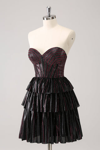 Cute Black Pink A Line Sweetheart Corset Short Homecoming Dress with Beading