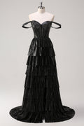 Robe de bal longue à corset à volants, épaules dénudées et paillettes, ornée de perles