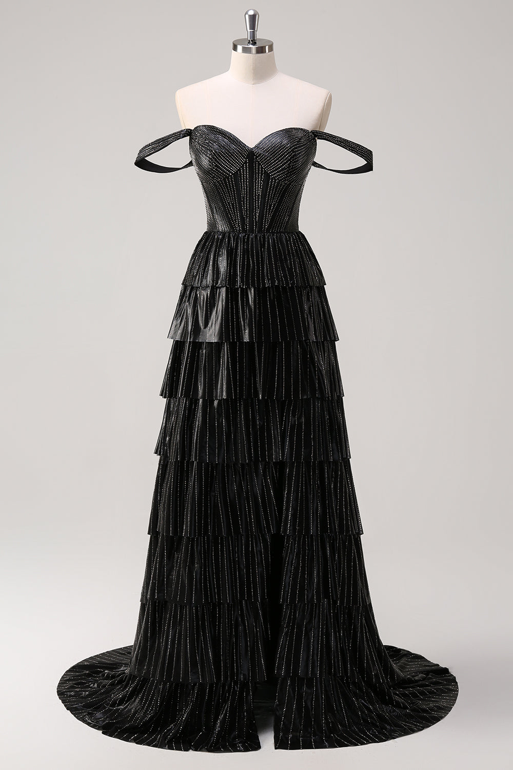 Glitter Off the Shoulder A-Line Tiered Long Corset Prom Dress with Beading