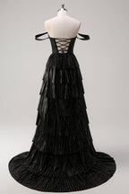 Robe de bal longue à corset à volants, épaules dénudées et paillettes, ornée de perles