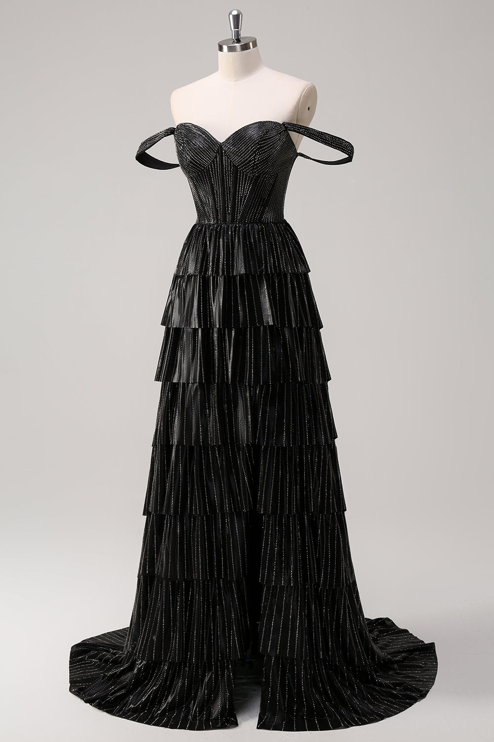 Robe de bal longue à corset à volants, épaules dénudées et paillettes, ornée de perles
