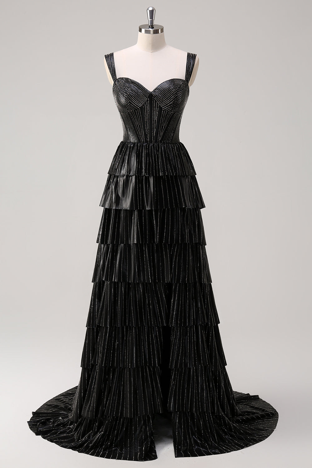 Robe de bal longue à corset à volants, épaules dénudées et paillettes, ornée de perles