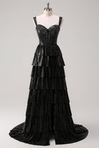 Robe de bal longue à corset à volants, épaules dénudées et paillettes, ornée de perles