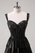 Robe de bal longue à corset à volants, épaules dénudées et paillettes, ornée de perles