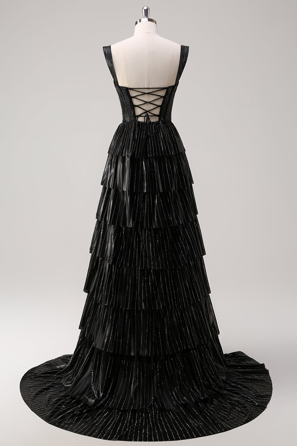 Robe de bal longue à corset à volants, épaules dénudées et paillettes, ornée de perles