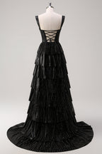 Robe de bal longue à corset à volants, épaules dénudées et paillettes, ornée de perles