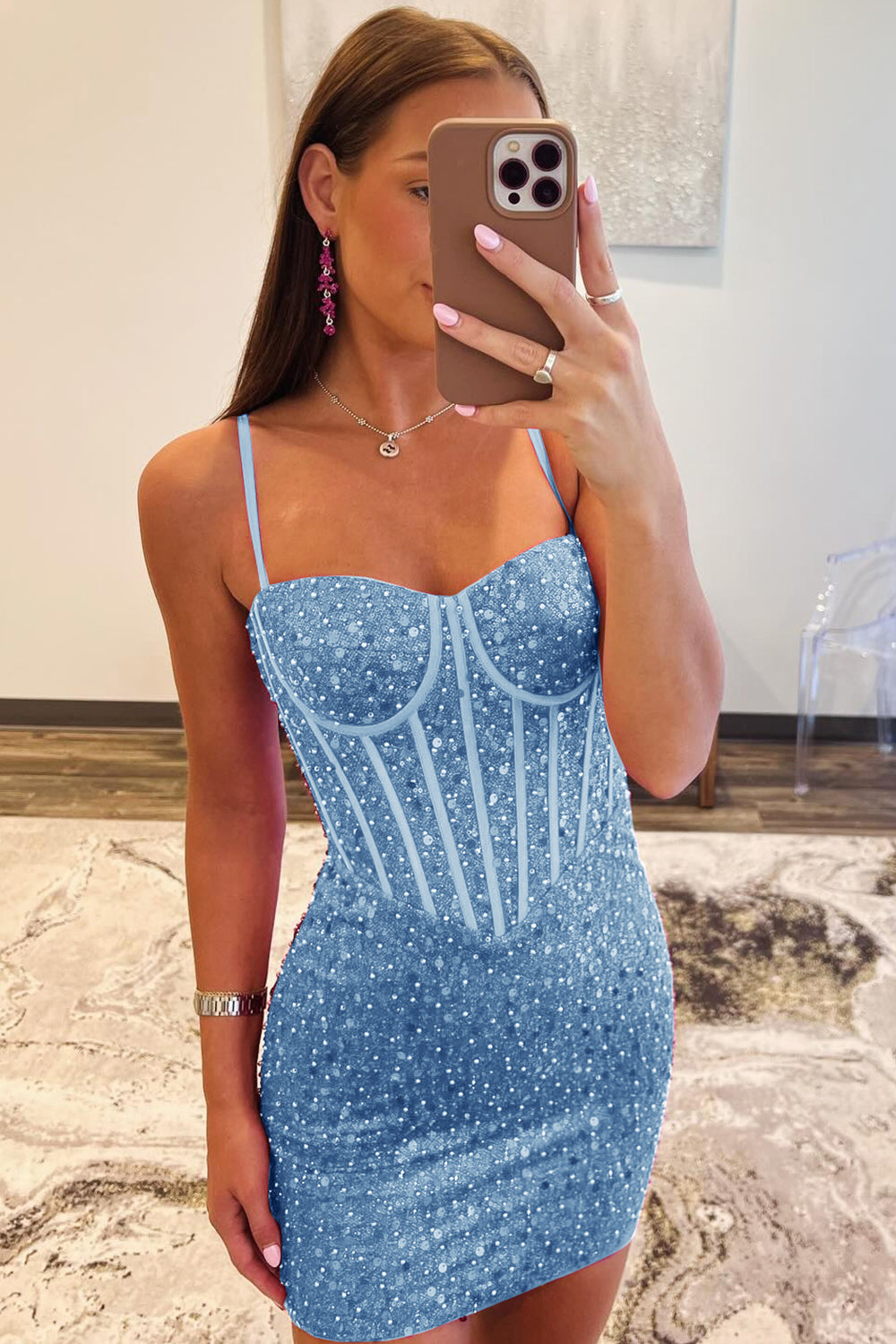 Sparkly Fuchsia Spaghetti Straps Sequins Bodycon Short Corset Homecoming Dress