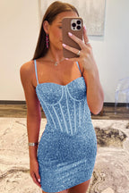 Sparkly Fuchsia Spaghetti Straps Sequins Bodycon Short Corset Homecoming Dress