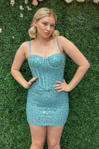 Sparkly Fuchsia Spaghetti Straps Sequins Bodycon Short Corset Homecoming Dress