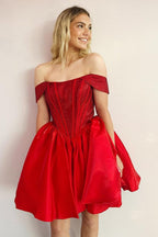 Vestido de fiesta de satén corte A con corsé y hombros descubiertos, adornado con cuentas.