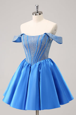 Cute Blue A Line Off The Shoulder Corset Homecoming Dress with Beading
