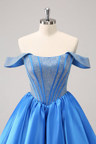 Cute Blue A Line Off The Shoulder Corset Homecoming Dress with Beading