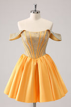 Cute Blue A Line Off The Shoulder Corset Homecoming Dress with Beading