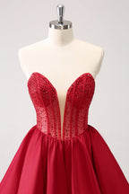 Cute Red A Line Strapless Corset Ruffle Homecoming Dress with Beading