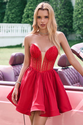 Robe de bal rouge mignonne, bustier, coupe trapèze, à volants et perles