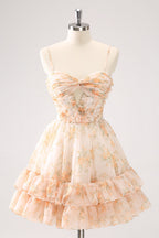 Cute Lilac A Line Cut Out Tiered Print Floral Homecoming Dress with Ruffles