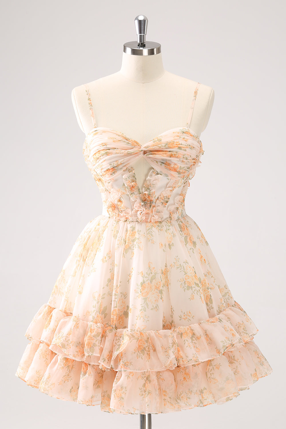 Cute Lilac A Line Cut Out Tiered Print Floral Homecoming Dress with Ruffles