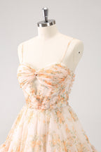 Cute Yellow A Line Cut Out Tiered Print Floral Homecoming Dress with Ruffles