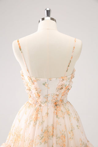 Lindo vestido amarillo de fiesta con corte en A, estampado escalonado, floral y volantes