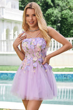 Robe de bal courte violette à fines bretelles, coupe trapèze, en tulle, ornée de fleurs 3D
