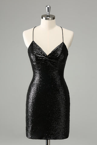 Black Bodycon Spaghetti Straps Sequins Short Homecoming Dress with Lace-up Back
