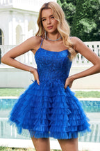 Spaghetti Straps A-Line Tulle Tiered Short Homecoming Dress with Appliques