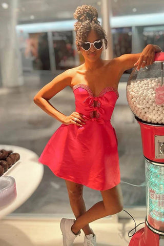 A-Line Sweetheart Satin Beaded Short Homecoming Dress with Bows