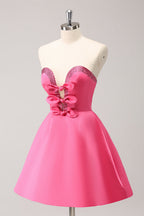 Cute Hot Pink A Line Strapless Cut Out Homecoming Dress with Beading