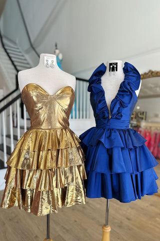 Deep V-neck A-Line Satin Short Homecoming Dress with Ruffles