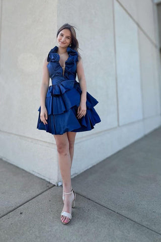 Deep V-neck A-Line Satin Short Homecoming Dress with Ruffles