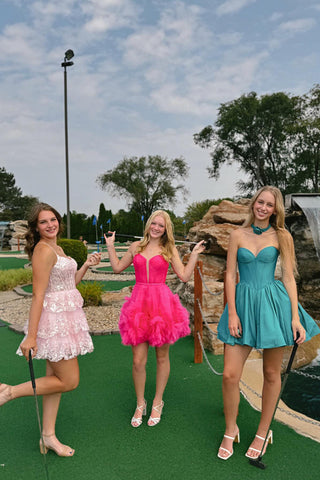 Vestido corto de fiesta de bienvenida de satén sin tirantes, corte en A y corsé