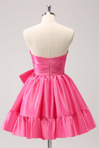 Cute Hot Pink A Line Strapless Pleated Short Homecoming Dress with Bow