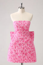 Cute Hot Pink A Line Strapless Print Short Homecoming Dress with Bow
