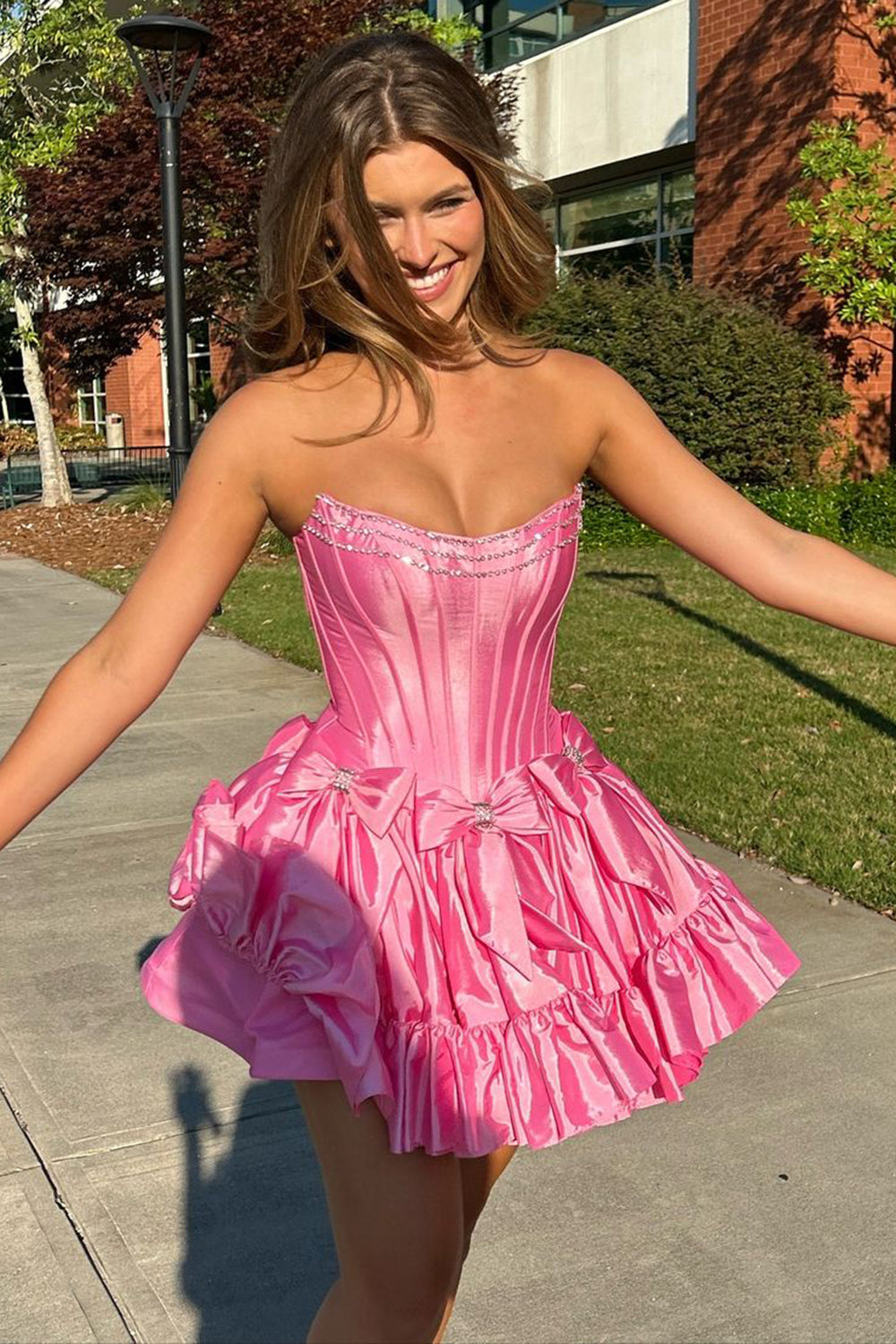 Trendy Fuchsia Strapless A-Line Satin Short Homecoming Dress with Bow