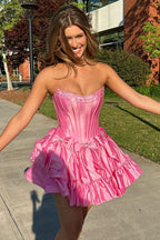 Trendy Fuchsia Strapless A-Line Satin Short Homecoming Dress with Bow