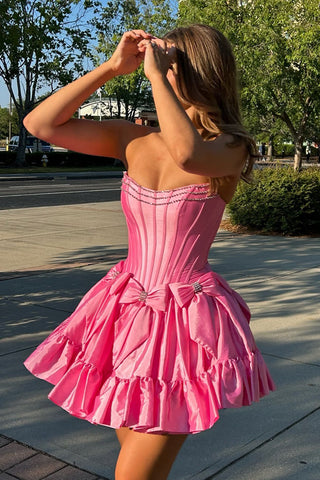 Trendy Fuchsia Strapless A-Line Satin Short Homecoming Dress with Bow