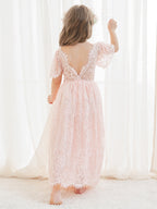 Vestido boho de niña de las flores color marfil, corte en A, de encaje y largo hasta el tobillo 