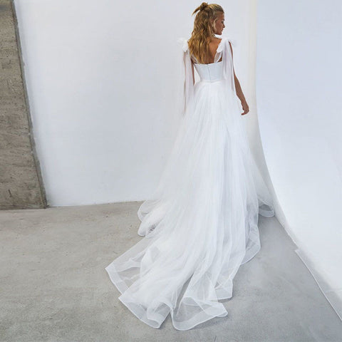 Simple White Tulle Wedding Dresses Boho Bow Spaghetti Straps A-Line Beach Wedding Party Gowns Abito Da Sposa 2021