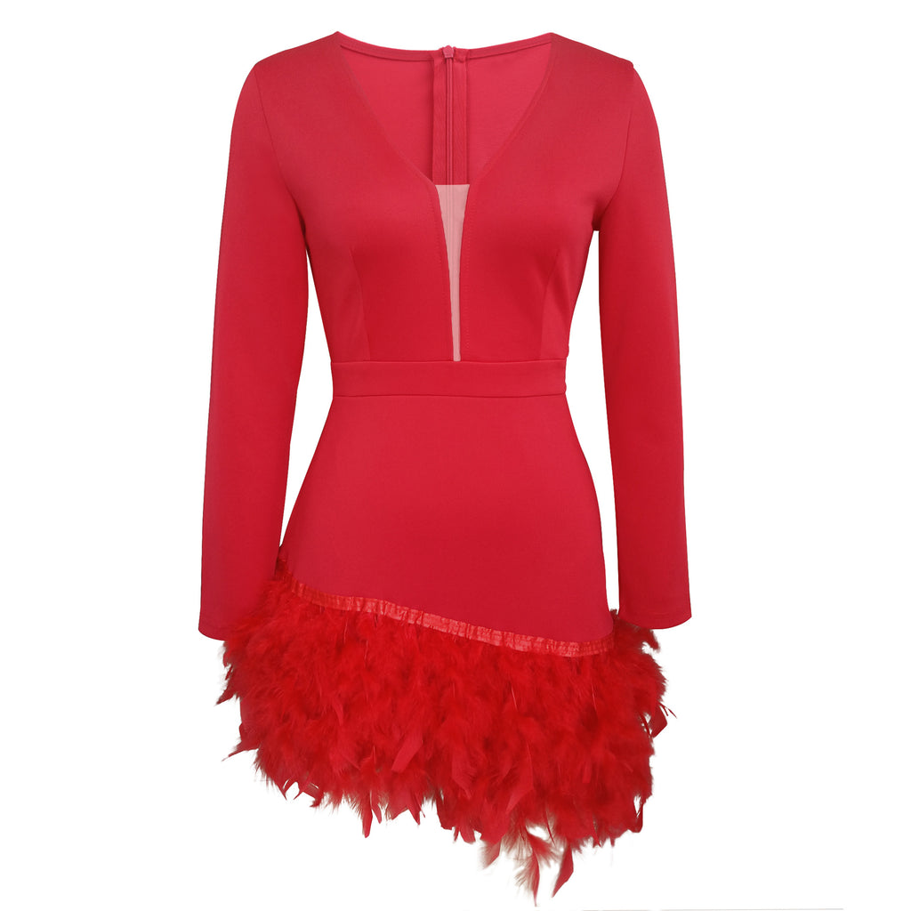 TARUXY Deep V Neck Mini Dress For Women Feathers Patchwork Sexy Bodycon Dresses Ladies Slim Solid Party Prom Dress Woman 2023