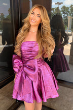 Vestido corto de fiesta de bienvenida, corte en A, fruncido y con lazo