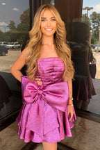 Vestido corto de fiesta de bienvenida, corte en A, fruncido y con lazo