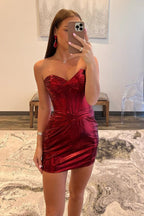 Metallic  Strapless Bodycon Ruched Short Homecoming Dress