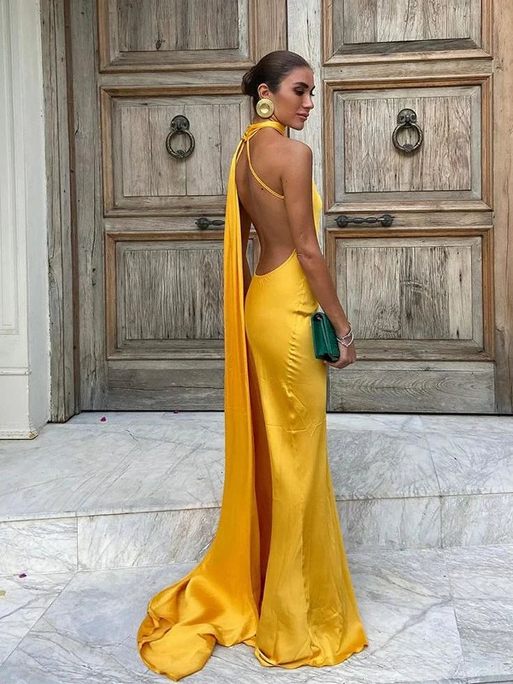 Vestido de noche largo de fiesta, sin espalda y con hombros descubiertos, de satén amarillo Y8466