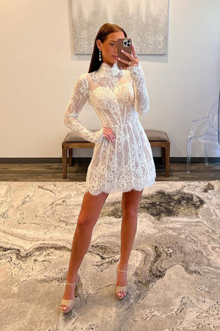 Lace High Neck Long Sleeves Short Homecoming Dress