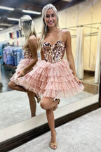 Robe de bal scintillante champagne à décolleté cœur en tulle à volants et effet miroir