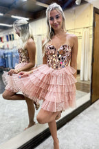 Robe de bal scintillante champagne à décolleté cœur en tulle à volants et effet miroir