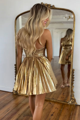 Metallic Golden Halter Neck A-Line Pleated Short Homecoming Dress