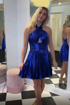 Metallic Golden Halter Neck A-Line Pleated Short Homecoming Dress